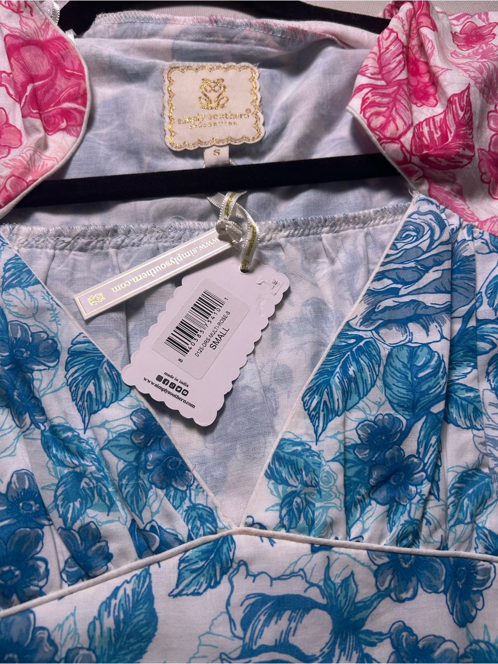 Simply Southern Blue Pink Floral Toile Ruffle Dress S Coastal old money #629 - Picture 8 of 12
